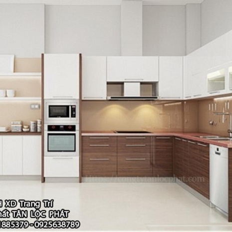 Tủ Bếp Hiện Đại Gỗ Acrylic - MDF Trắng Phối Màu Gỗ Cao Cấp 