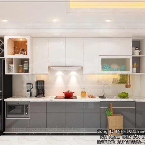 Tủ Bếp Hiện Đại Gỗ Acrylic - MDF Trắng Phối Xám Cao Cấp