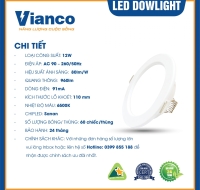 Đèn Led Downlight 12W Đế liền Ánh sáng trắng Vianco