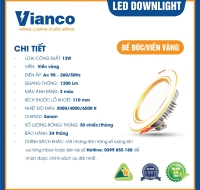 Downlight Đèn Led Downlight 12W Đế Đúc Viền Vàng Đổi Màu Vianco