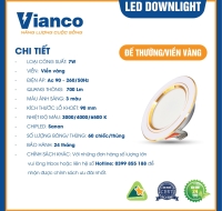 Đèn Led Downlight 7W Đế Thường Viền Vàng Đổi Màu Vianco - A3VA