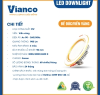 Đèn Led Downlight 9W Đế Đúc Viền Vàng Đổi Màu Vianco