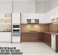 Tủ Bếp Hiện Đại Gỗ Acrylic - MDF Trắng Phối Màu Gỗ Cao Cấp 