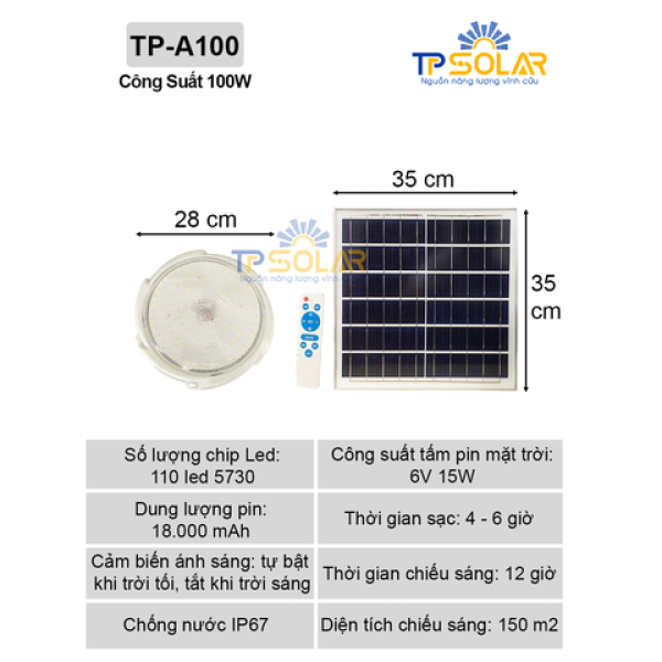 [100W] Đèn Áp Trần Năng Lượng Mặt Trời TP Solar TP-A100N 3 Màu Ánh Sáng