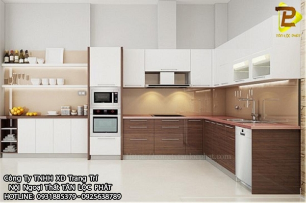 Tủ Bếp Hiện Đại Gỗ Acrylic - MDF Trắng Phối Màu Gỗ Cao Cấp 